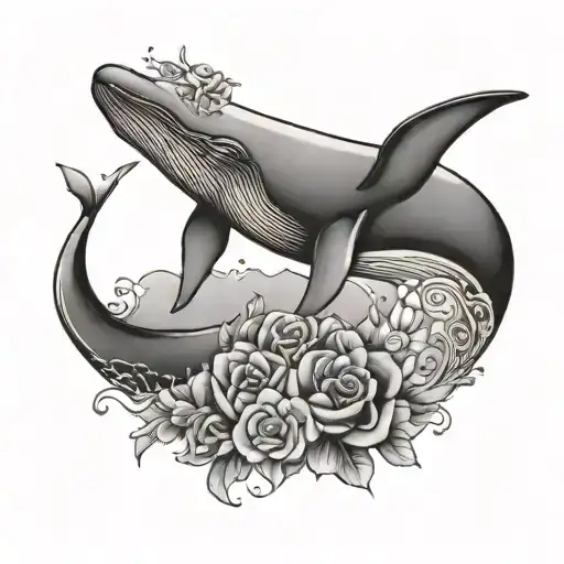 whale with crescent moon and flower tattoo design idea