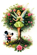 tinker bell next to a  rose tree with Mickey Mouse beside her tattoo design idea