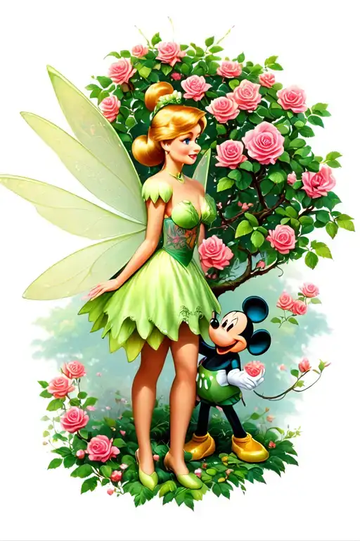 tinker bell next to a  rose tree with Mickey Mouse beside her tattoo design idea