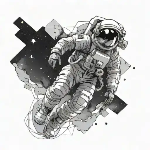 Astronaut floating in space, interstellar theme, geometric tattoo design idea