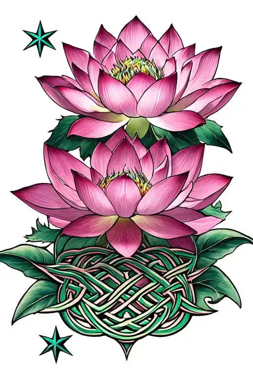 Celtic knotwork intertwined representing strength, lotus blooming pink, stars  tattoo design idea