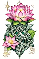 Celtic knotwork intertwined representing strength, lotus blooming pink, stars  tattoo design idea