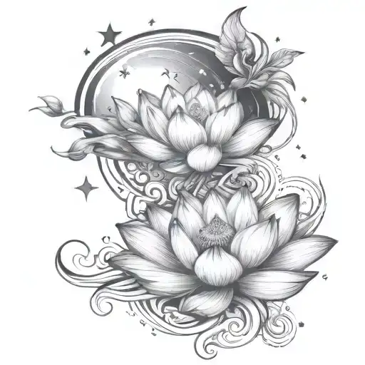 Lotus Flower, Moon And Stars tattoo design idea