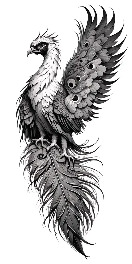  front view phoenix bird with twowings spread peacock feather tail tattoo design idea