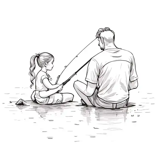 A simple sketch of a dad and daughter with a ponytail sitting on a log by the lake fishing tattoo design idea