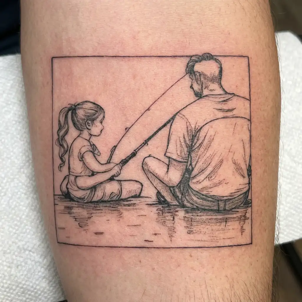 A simple sketch of a dad and daughter with a ponytail sitting on a log by the lake fishing tattoo design idea