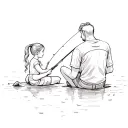 A simple sketch of a dad and daughter with a ponytail sitting on a log by the lake fishing tattoo design idea