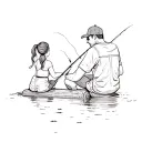 A simple sketch of a dad and daughter with a ponytail sitting on a log by the lake fishing tattoo design idea