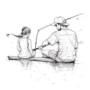 A simple sketch of a dad and daughter with a ponytail sitting on a log by the lake fishing tattoo design idea