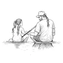 A simple sketch of a dad and daughter with a ponytail sitting on a log by the lake fishing tattoo design idea