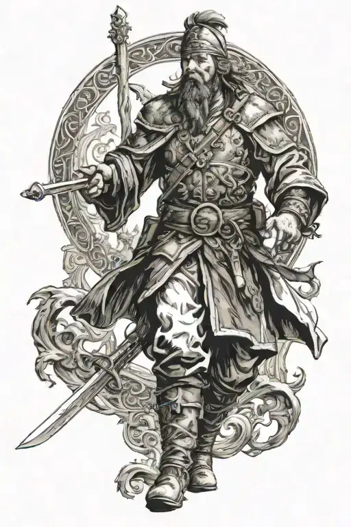 A Cossack sorcerer-warrior ('Kharakternyk') with two sabers in hand, walking away from a monitor and into the depths of  tattoo design idea