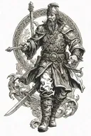 A Cossack sorcerer-warrior ('Kharakternyk') with two sabers in hand, walking away from a monitor and into the depths of  tattoo design idea