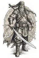 A Cossack sorcerer-warrior ('Kharakternyk') with two sabers in hand, walking away from a monitor and into the depths of  tattoo design idea