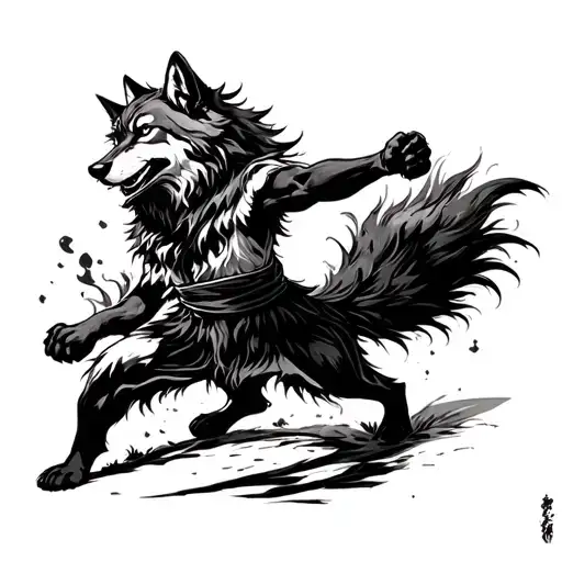 A dynamic scene of a wolf practicing martial arts inspired by anime, showcasing its agility and strength tattoo design idea