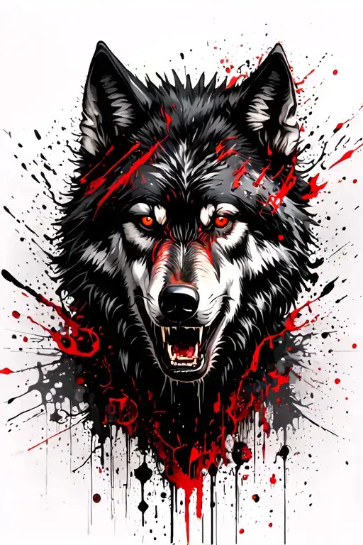 house of wolves from MCR, big monster wolf black and red, scary, red eyes tattoo design idea