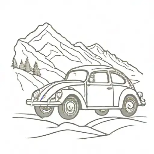 A minimalist design of a Volkswagen beetle driving through a mountainous landscape tattoo design idea