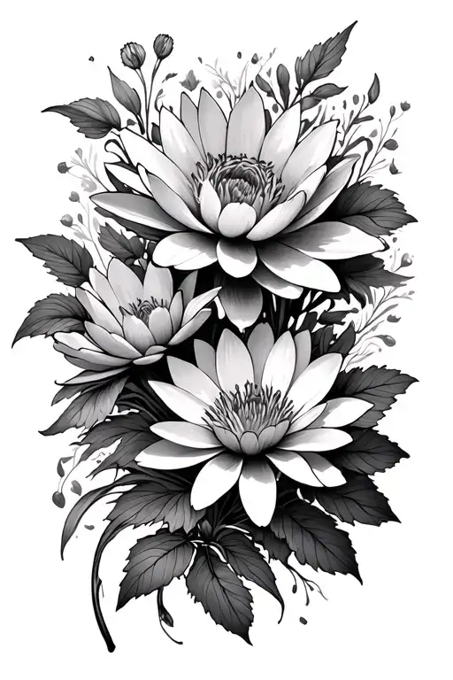 lurkspur waterlilly cosmos and marigold flowers intertwined tattoo design idea
