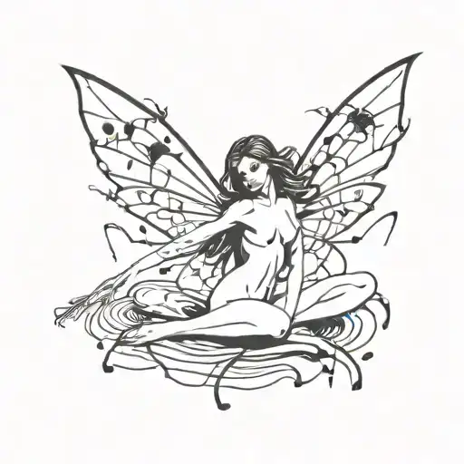 naked fairy with wings made of rain with spiders tattoo design idea