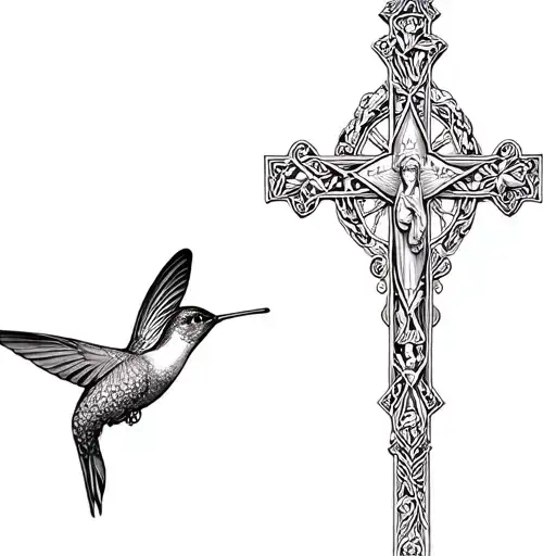 Create an image of an orthodox Christian cross. With St. Xenia and a hummingbird + Edit: Add a butterfly tattoo design idea