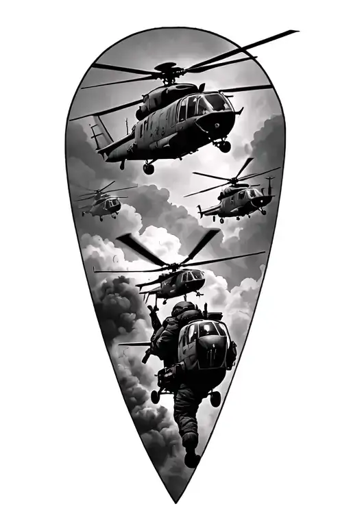 military and helicopters firefight war tattoo design idea