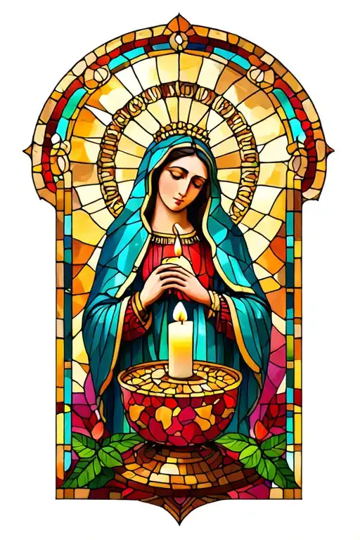 lady of Guadalupe candle stained glass window tattoo design idea