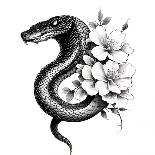 snake and sakura crescent moon on collarbone tattoo design idea