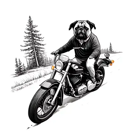 A pug riding a Harley Davidson motorcycle through a scenic Maine landscape tattoo design idea
