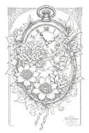 baby footprints below exploding pocket watch with chrysanthemum, lotus, daisy, marigold and hyacinth flowers  tattoo design idea