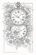 baby footprints below exploding pocket watch with chrysanthemum, lotus, daisy, marigold and hyacinth flowers  tattoo design idea