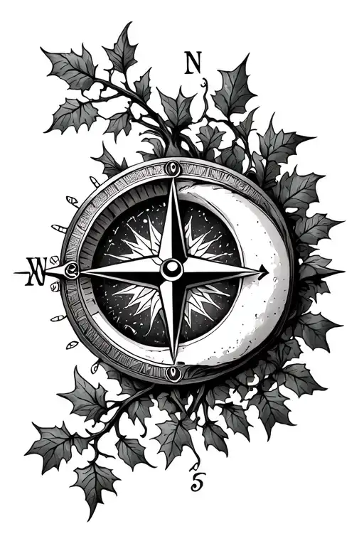 Sun And Moon compass with Ivy vines growing tattoo design idea