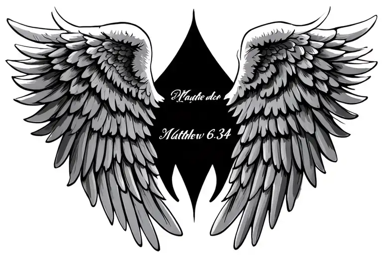 angel wings with Matthew 6:34 vertically between them tattoo design idea