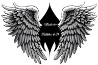 angel wings with Matthew 6:34 vertically between them tattoo design idea