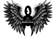 angel wings with Matthew 6:34 vertically between them tattoo design idea