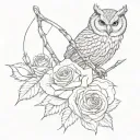 shooting bow arrow point in the shape of a rose and owl tattoo design idea
