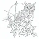 shooting bow arrow point in the shape of a rose and owl tattoo design idea