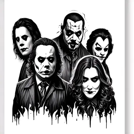 Full arm sleeve of horror movie characters, Michael Myers, ghostface, penmywise, art the clown, captian spaulding tattoo design idea