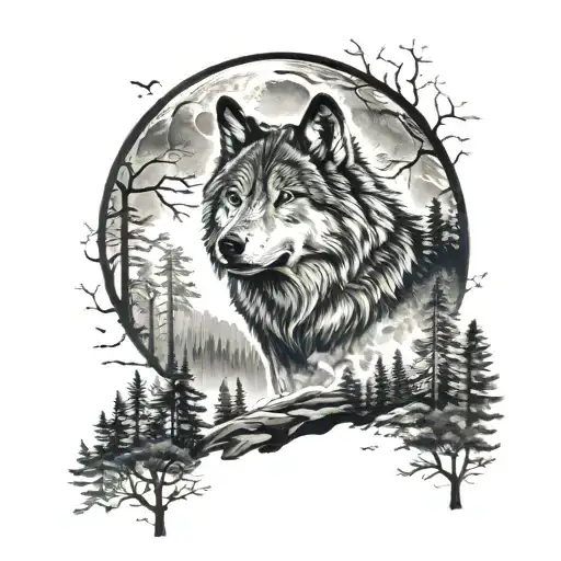 wolf moon and forest scene tattoo design idea