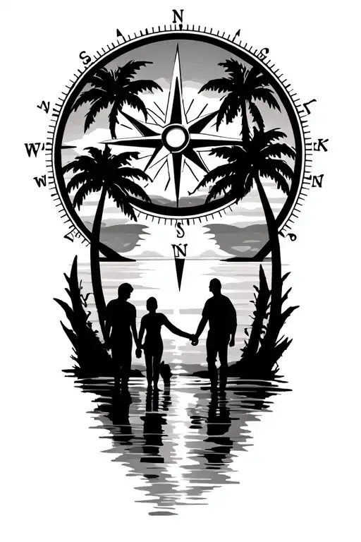 Compass with sunset and palmtrees inside, silhouettes of a family in front of the compass tattoo design idea