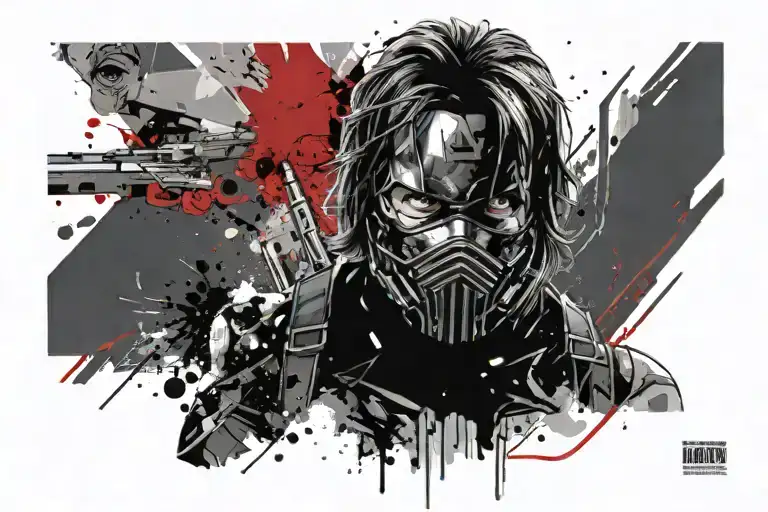 marvel winter soldier in a mask on half his face with rage in his eyes tattoo design idea