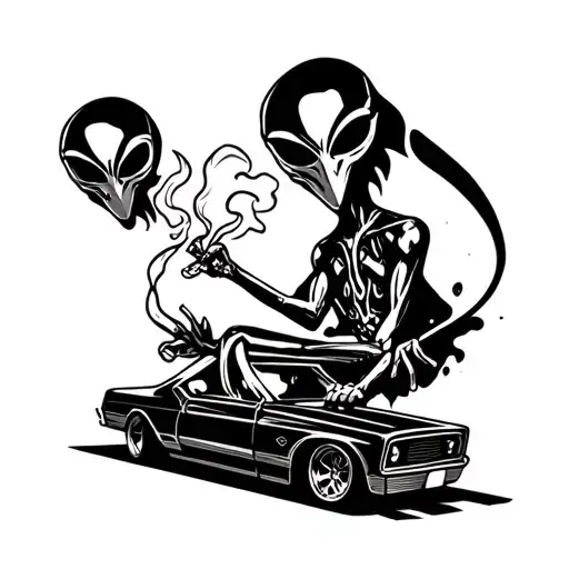 aliens smoking a joint in a lowrider tattoo design idea