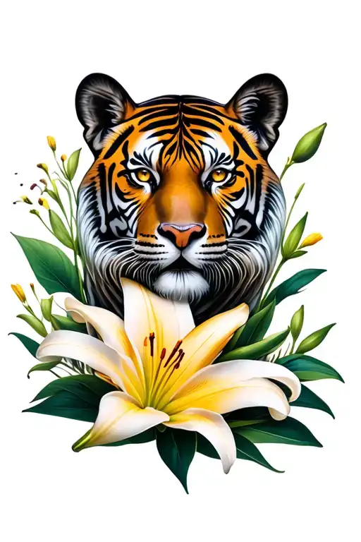lily flower and tiger face surrounded tattoo design idea