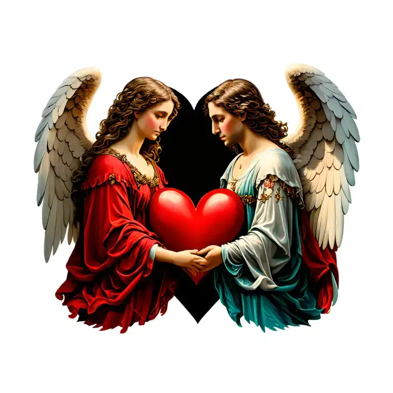 two angels a man and a woman holding her hand surrounded by a red heart tattoo design idea