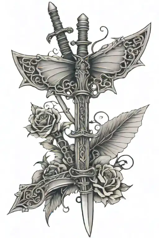 Sword with a butterfly made of barbed wire tattoo design idea