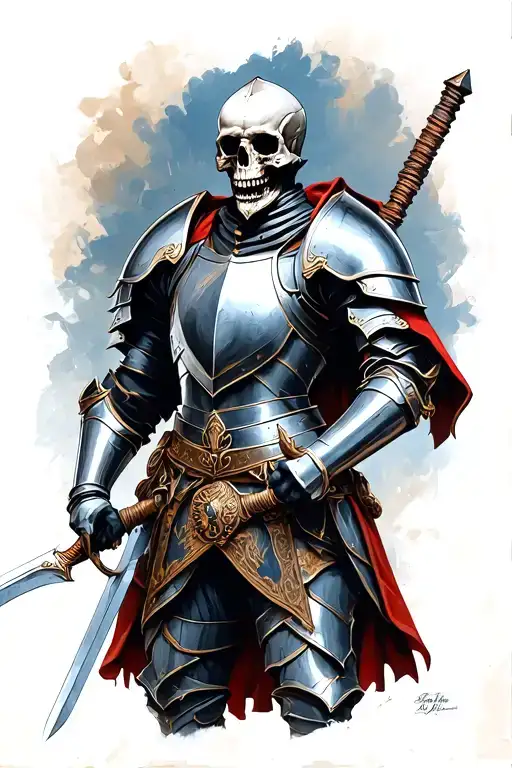 full body knight with a skull for a head, wearing armor, and holding a sword  tattoo design idea