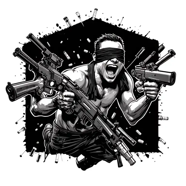 running shirtless blindfolded laughing man shooting 2 machine guns sourounded by drugs syringes and weapons  tattoo design idea