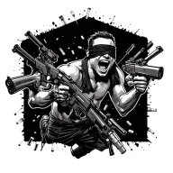 running shirtless blindfolded laughing man shooting 2 machine guns sourounded by drugs syringes and weapons  tattoo design idea