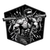 running shirtless blindfolded laughing man shooting 2 machine guns sourounded by drugs syringes and weapons  tattoo design idea