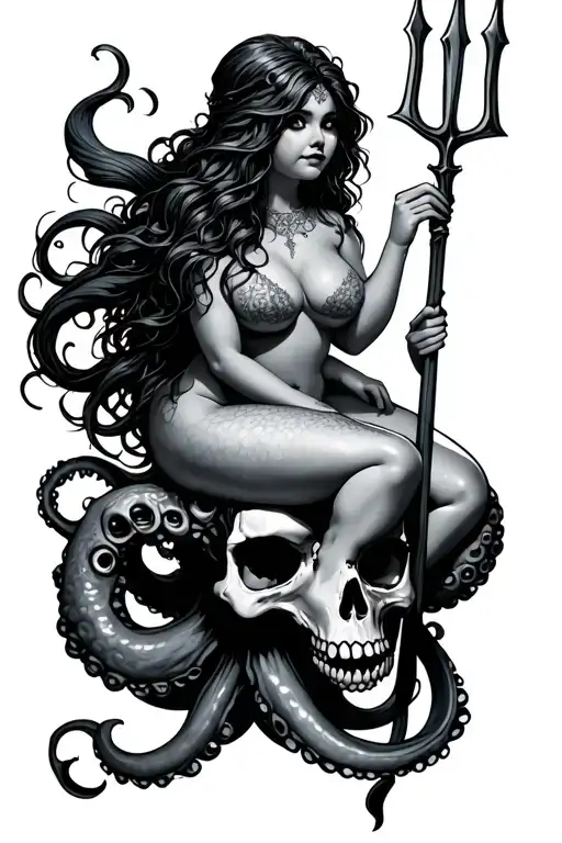 A chubby siren mermaid is sitting on an octopus/skull hybrid and is holding a trident tattoo design idea