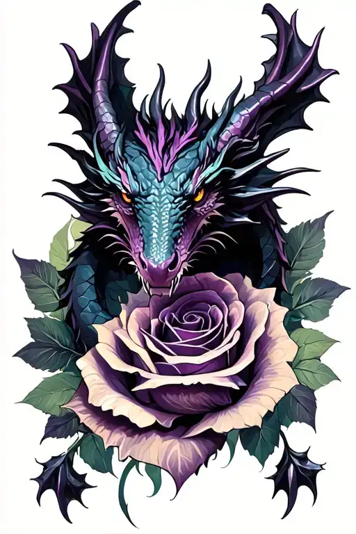 Gothic black and purple dragon with a rose  tattoo design idea
