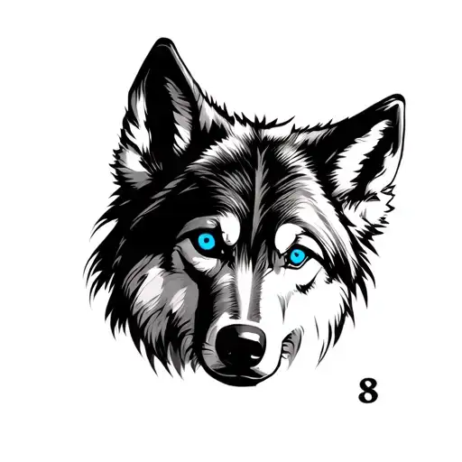 wolf face with blue eyes. 3 wolf cub silouettes. Clock.  tattoo design idea